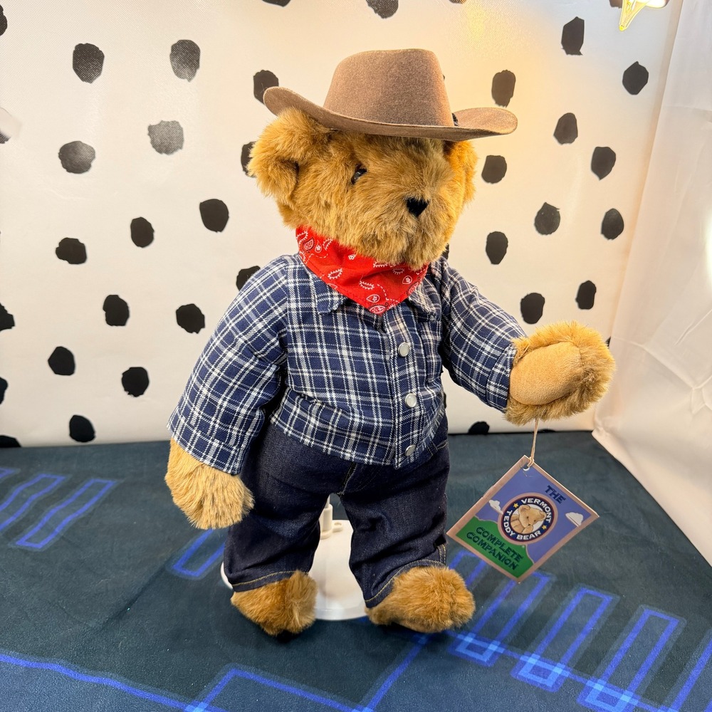 Vermont Teddy Bear 15" Cowboy Plush Jointed Western Plaid Shirt Jeans Hat